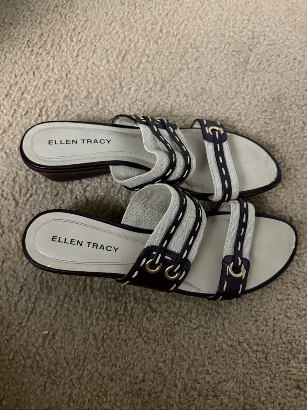 Ellen Tracy White and Black Two-Strap Slide Sandals